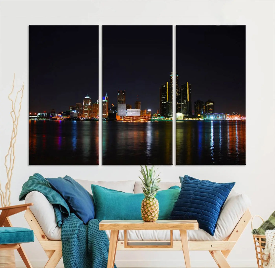 A large Detroit City Lights Night Skyline Cityscape View Wall Art Canvas Print hangs on the wall, elegantly gallery-wrapped.