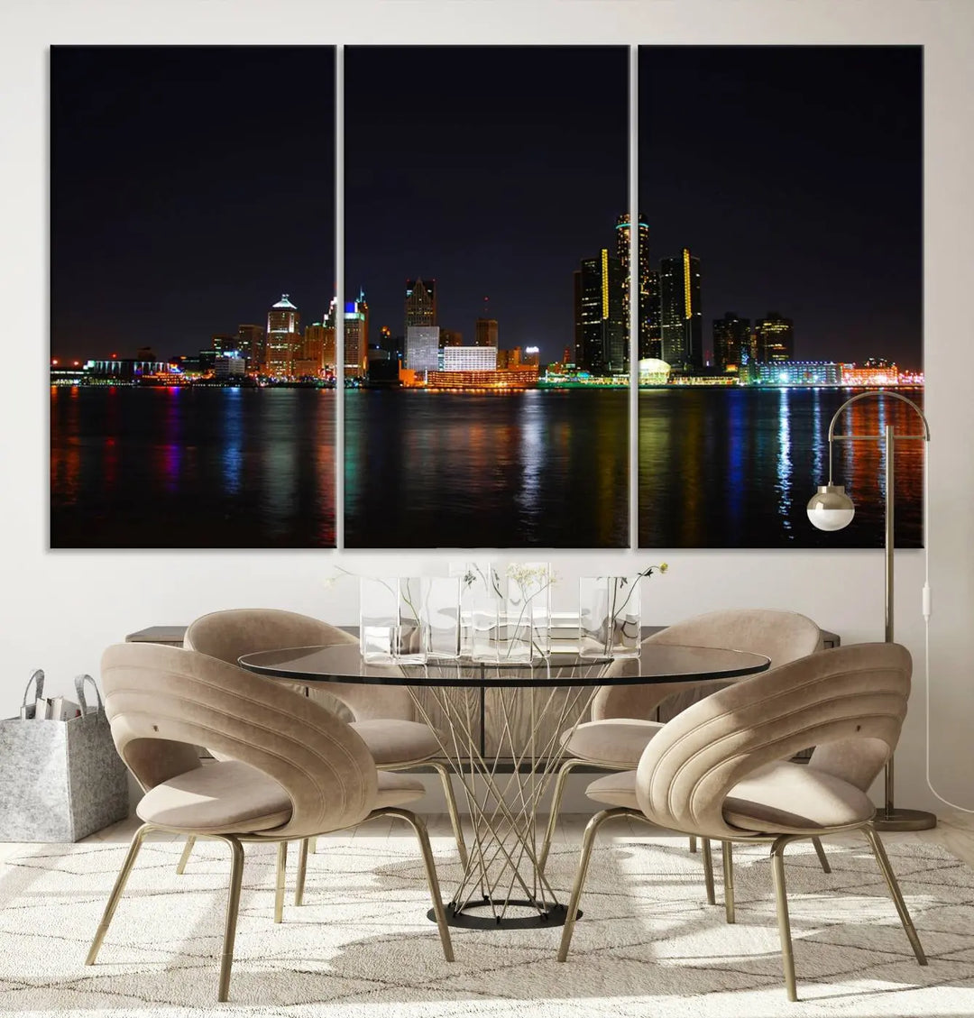 A large Detroit City Lights Night Skyline Cityscape View Wall Art Canvas Print hangs on the wall, elegantly gallery-wrapped.