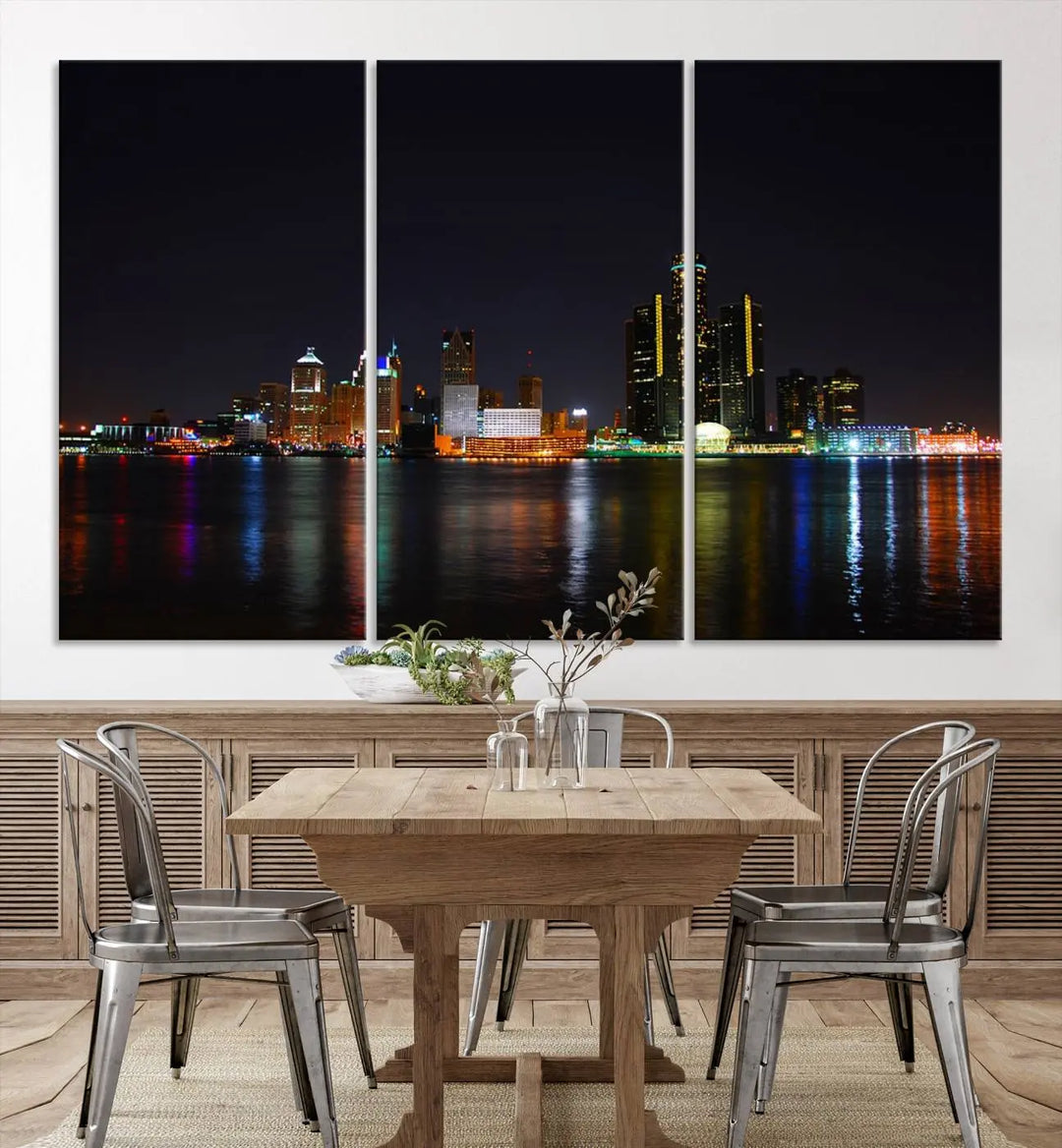 A large Detroit City Lights Night Skyline Cityscape View Wall Art Canvas Print hangs on the wall, elegantly gallery-wrapped.