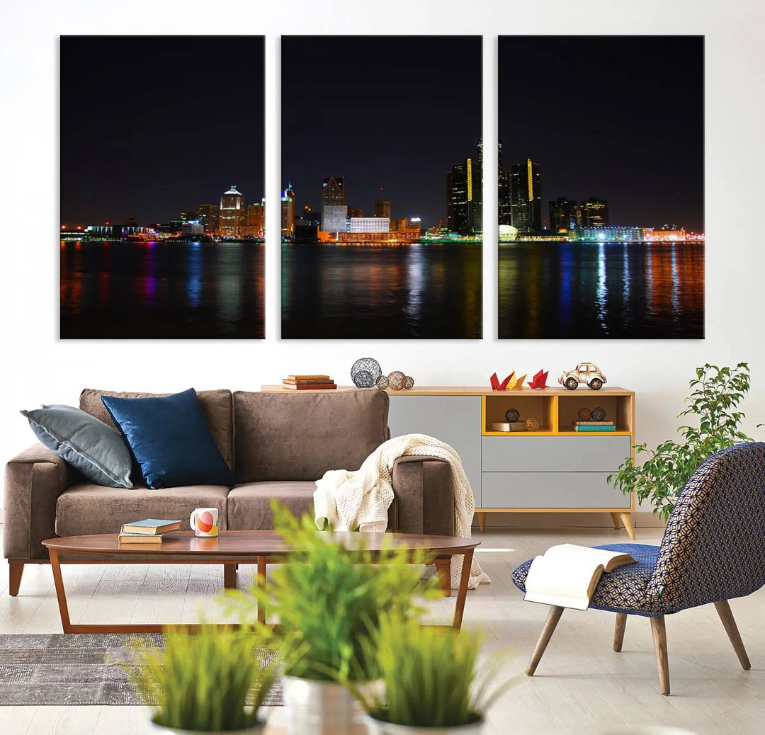 A large Detroit City Lights Night Skyline Cityscape View Wall Art Canvas Print hangs on the wall, elegantly gallery-wrapped.