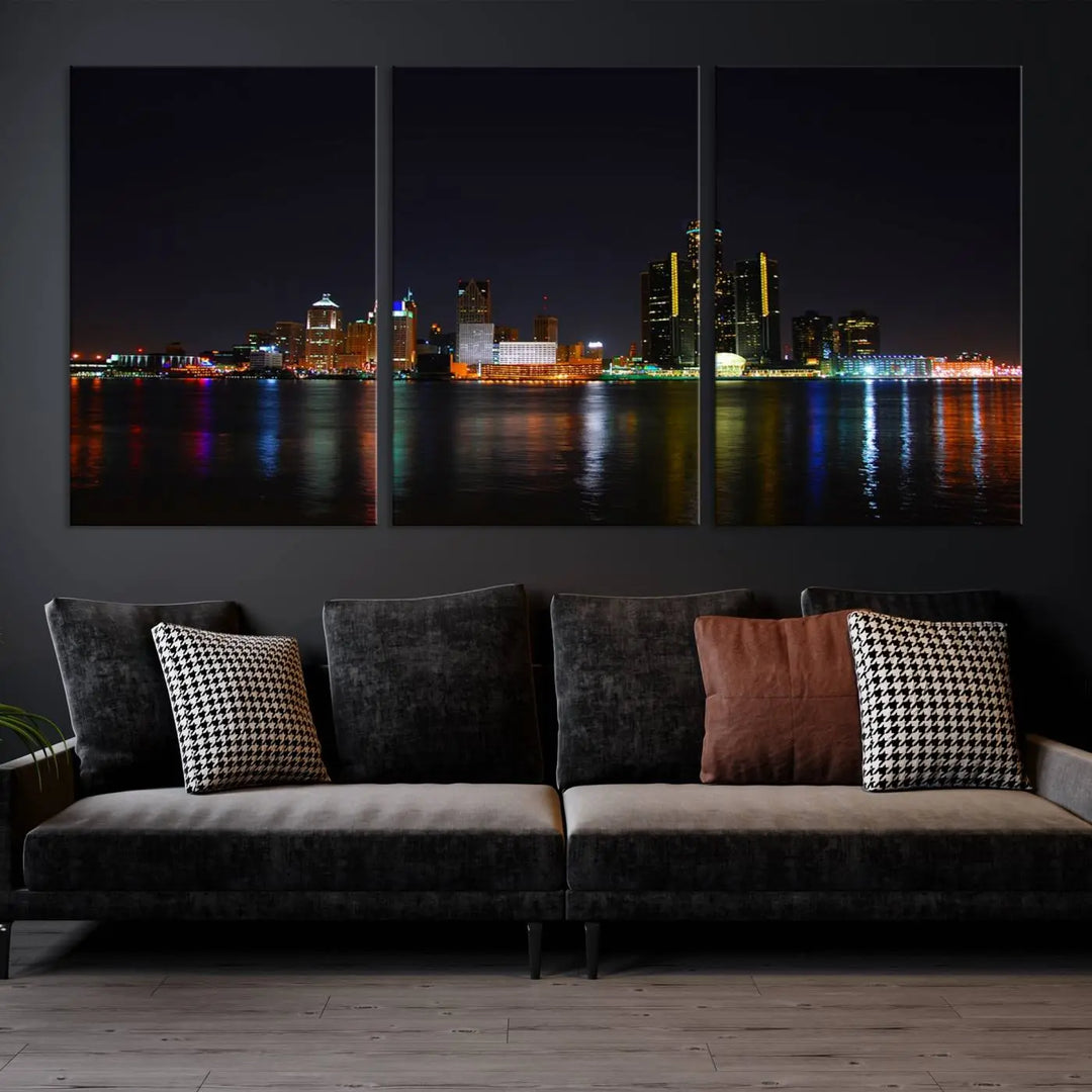 A large Detroit City Lights Night Skyline Cityscape View Wall Art Canvas Print hangs on the wall, elegantly gallery-wrapped.