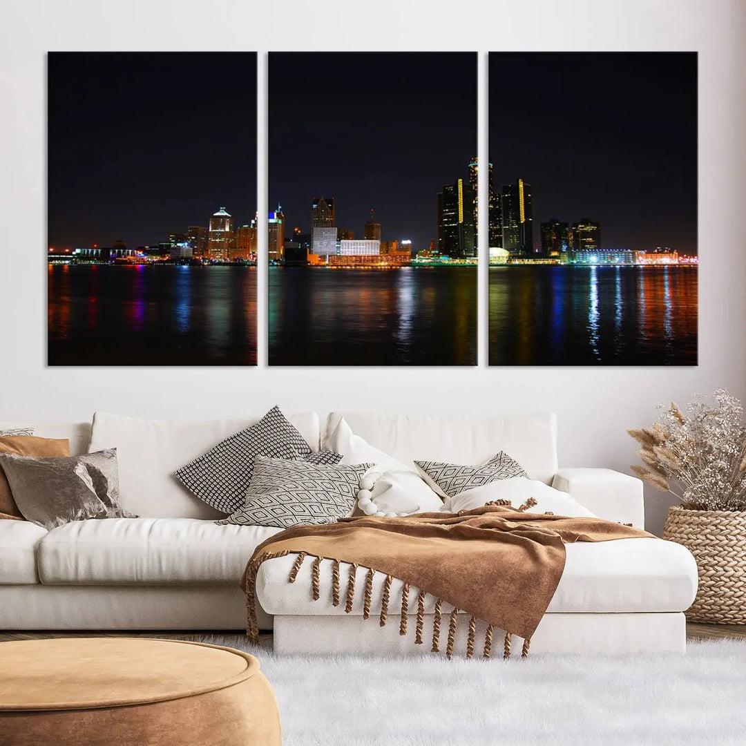 A large Detroit City Lights Night Skyline Cityscape View Wall Art Canvas Print hangs on the wall, elegantly gallery-wrapped.