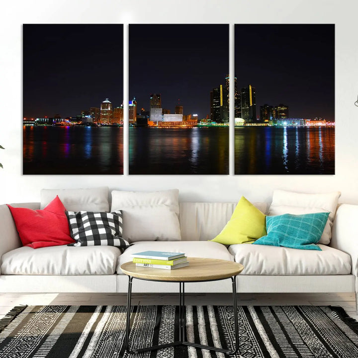 A large Detroit City Lights Night Skyline Cityscape View Wall Art Canvas Print hangs on the wall, elegantly gallery-wrapped.