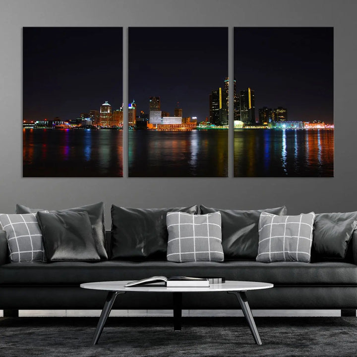 A large Detroit City Lights Night Skyline Cityscape View Wall Art Canvas Print hangs on the wall, elegantly gallery-wrapped.