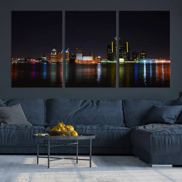 A large Detroit City Lights Night Skyline Cityscape View Wall Art Canvas Print hangs on the wall, elegantly gallery-wrapped.