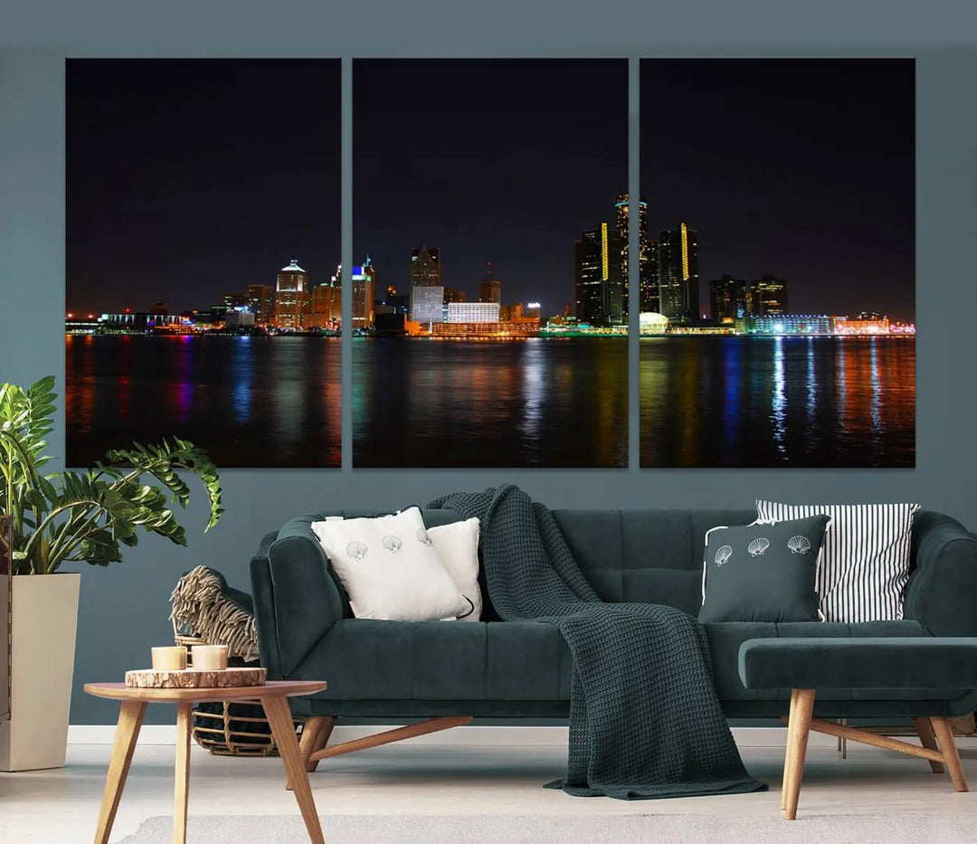 A large Detroit City Lights Night Skyline Cityscape View Wall Art Canvas Print hangs on the wall, elegantly gallery-wrapped.