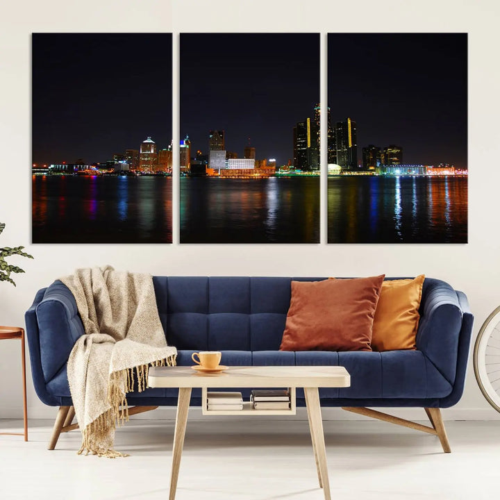 A large Detroit City Lights Night Skyline Cityscape View Wall Art Canvas Print hangs on the wall, elegantly gallery-wrapped.