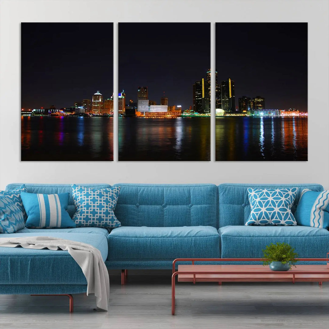 A large Detroit City Lights Night Skyline Cityscape View Wall Art Canvas Print hangs on the wall, elegantly gallery-wrapped.