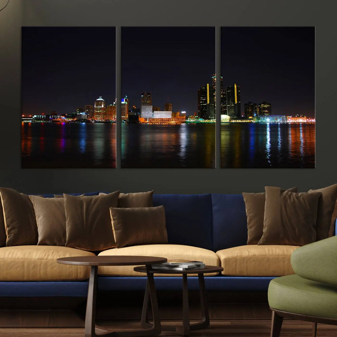 A large Detroit City Lights Night Skyline Cityscape View Wall Art Canvas Print hangs on the wall, elegantly gallery-wrapped.