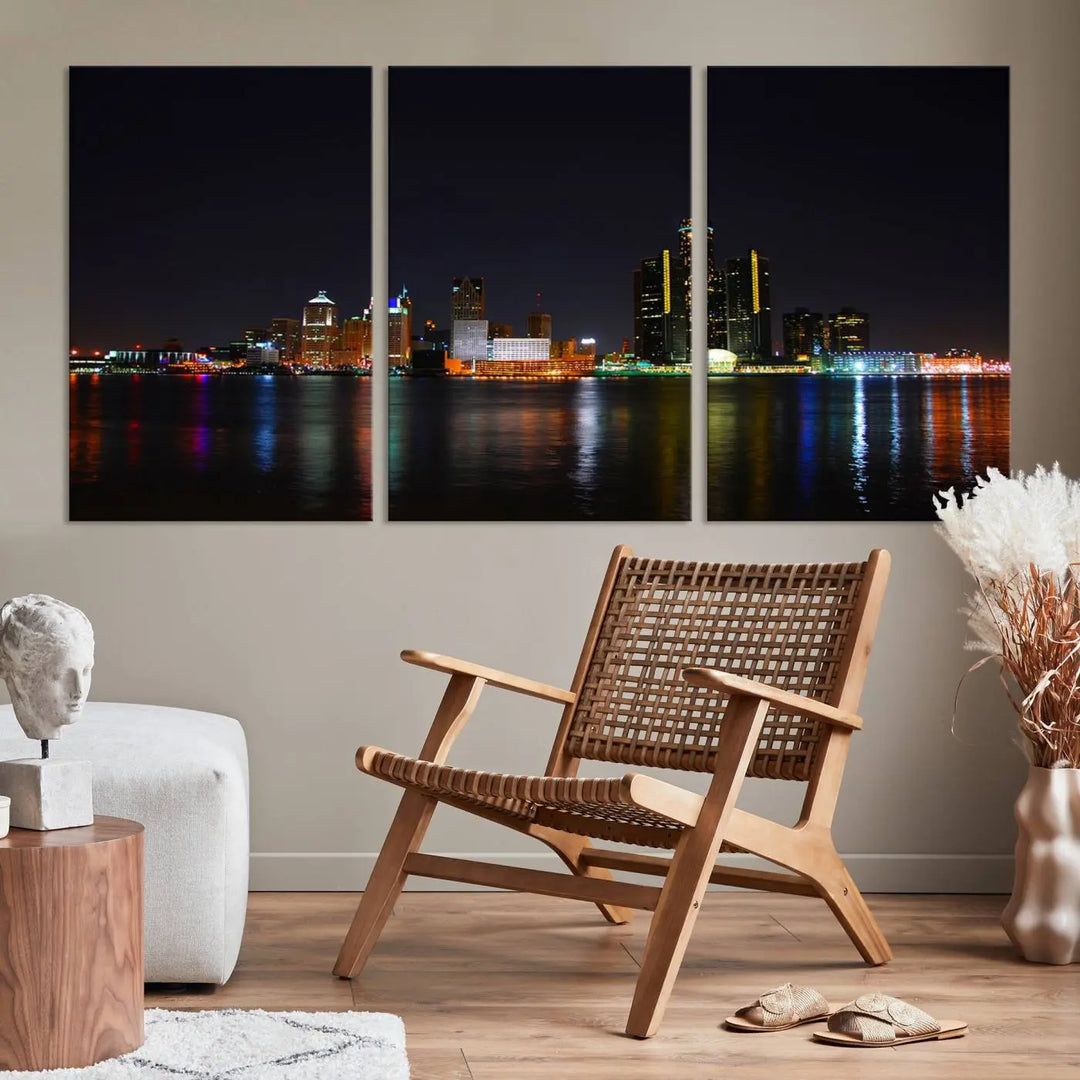 A large Detroit City Lights Night Skyline Cityscape View Wall Art Canvas Print hangs on the wall, elegantly gallery-wrapped.