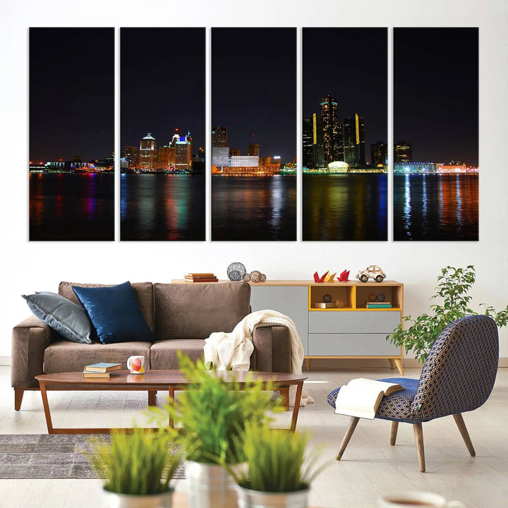 A large Detroit City Lights Night Skyline Cityscape View Wall Art Canvas Print hangs on the wall, elegantly gallery-wrapped.