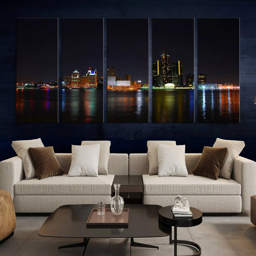 A large Detroit City Lights Night Skyline Cityscape View Wall Art Canvas Print hangs on the wall, elegantly gallery-wrapped.