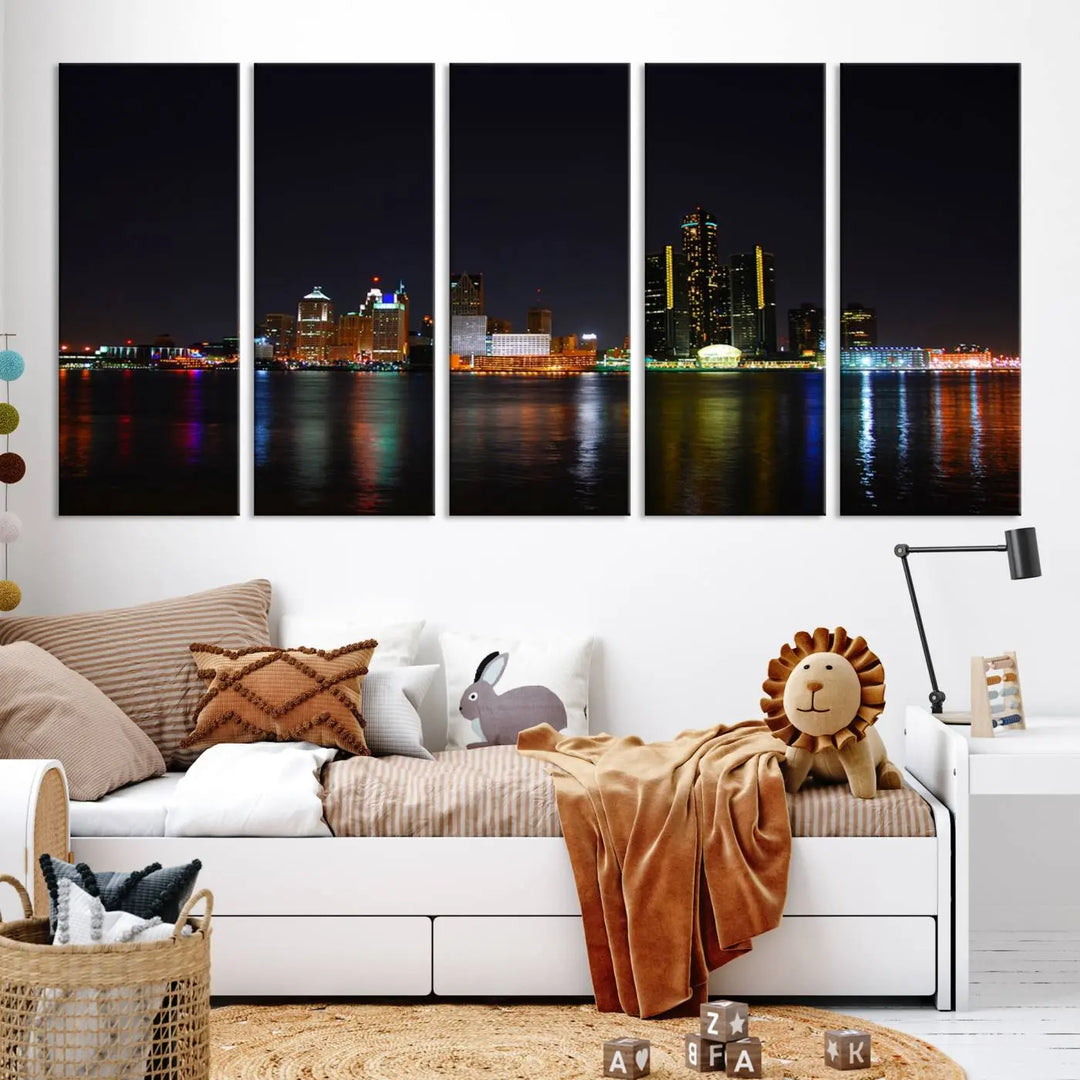 A large Detroit City Lights Night Skyline Cityscape View Wall Art Canvas Print hangs on the wall, elegantly gallery-wrapped.