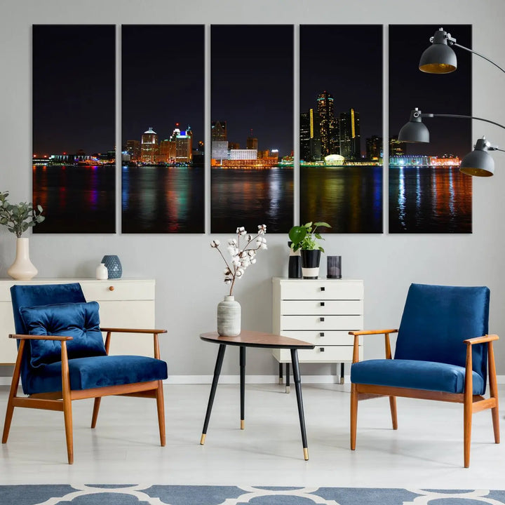 A large Detroit City Lights Night Skyline Cityscape View Wall Art Canvas Print hangs on the wall, elegantly gallery-wrapped.