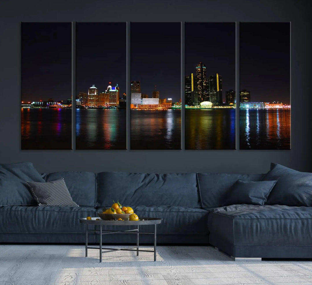 A large Detroit City Lights Night Skyline Cityscape View Wall Art Canvas Print hangs on the wall, elegantly gallery-wrapped.