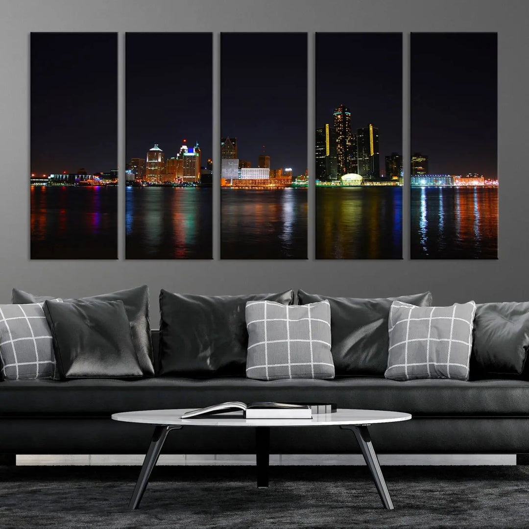 A large Detroit City Lights Night Skyline Cityscape View Wall Art Canvas Print hangs on the wall, elegantly gallery-wrapped.