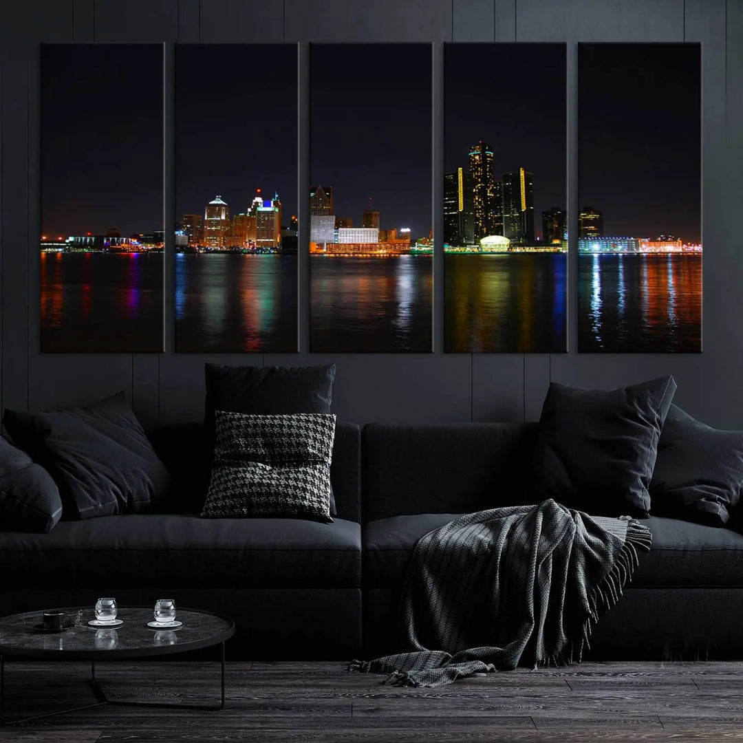 A large Detroit City Lights Night Skyline Cityscape View Wall Art Canvas Print hangs on the wall, elegantly gallery-wrapped.