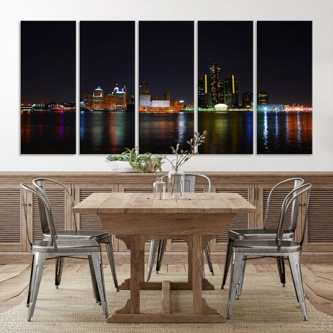 A large Detroit City Lights Night Skyline Cityscape View Wall Art Canvas Print hangs on the wall, elegantly gallery-wrapped.