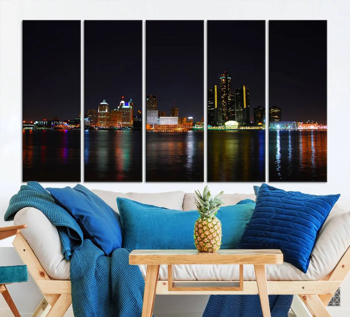 A large Detroit City Lights Night Skyline Cityscape View Wall Art Canvas Print hangs on the wall, elegantly gallery-wrapped.