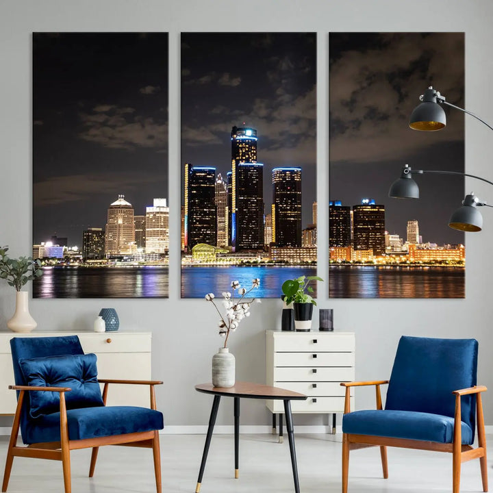 The "Detroit City Lights Night Skyline Cityscape View" wall art on museum-quality canvas is the centerpiece of this living room. This artwork includes a UV-protective coating to ensure its vibrant appearance lasts for years.