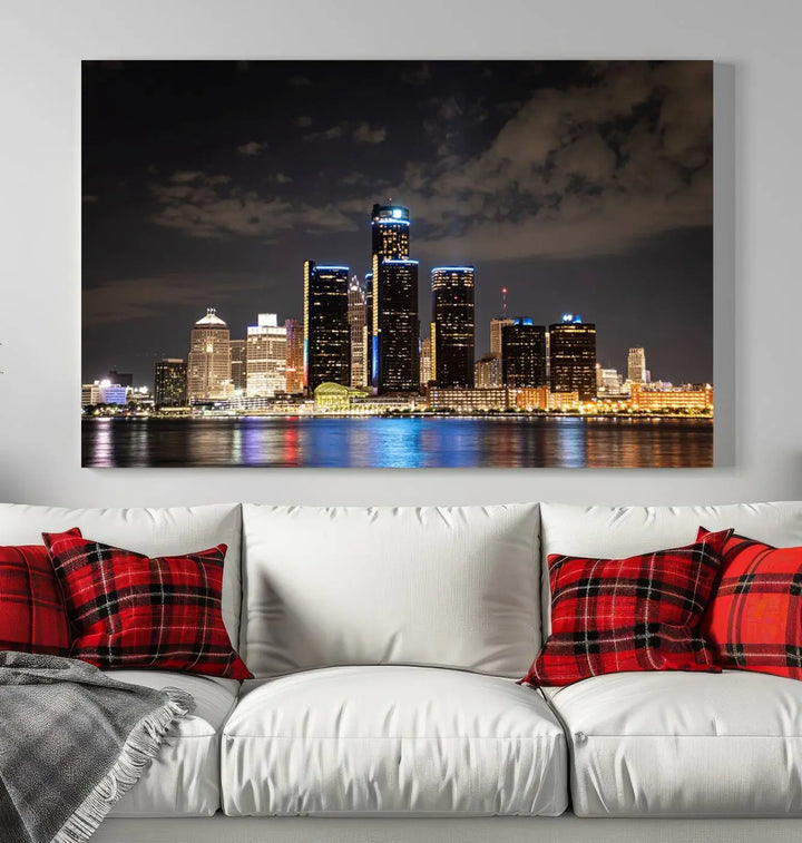 The "Detroit City Lights Night Skyline Cityscape View" wall art on museum-quality canvas is the centerpiece of this living room. This artwork includes a UV-protective coating to ensure its vibrant appearance lasts for years.