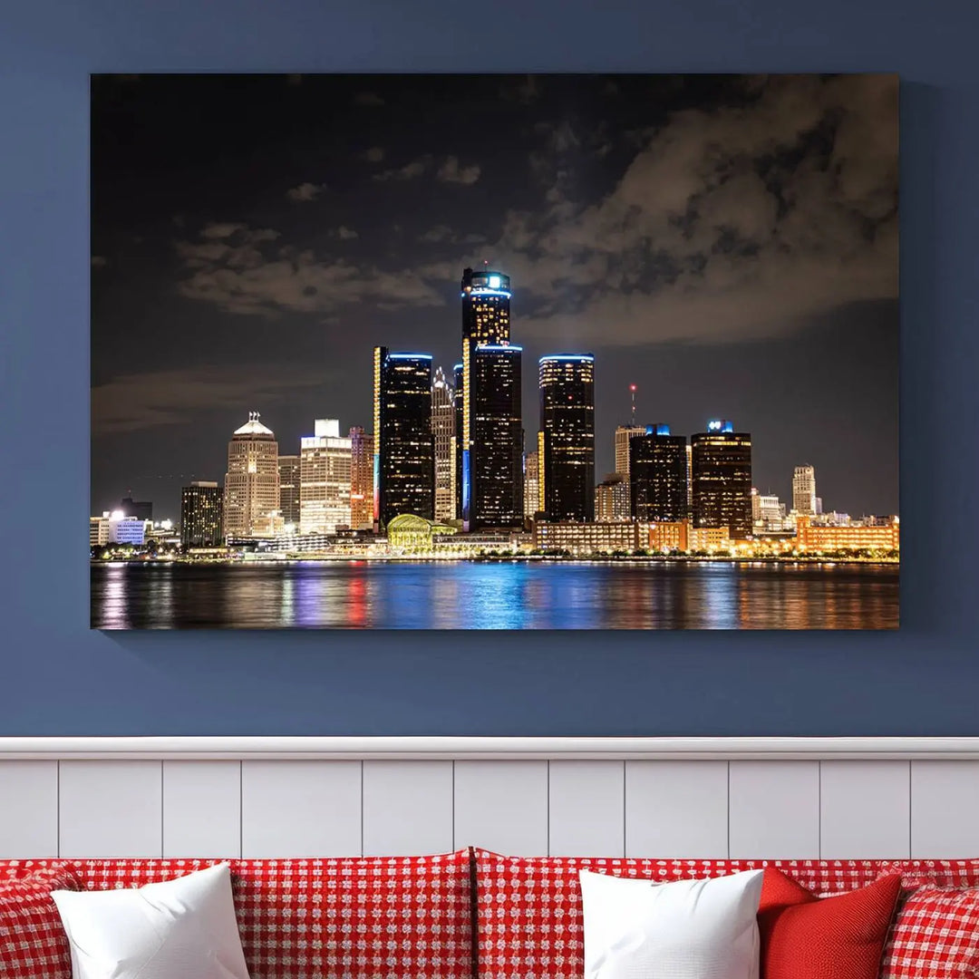 The "Detroit City Lights Night Skyline Cityscape View" wall art on museum-quality canvas is the centerpiece of this living room. This artwork includes a UV-protective coating to ensure its vibrant appearance lasts for years.