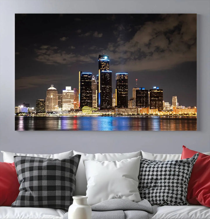 The "Detroit City Lights Night Skyline Cityscape View" wall art on museum-quality canvas is the centerpiece of this living room. This artwork includes a UV-protective coating to ensure its vibrant appearance lasts for years.