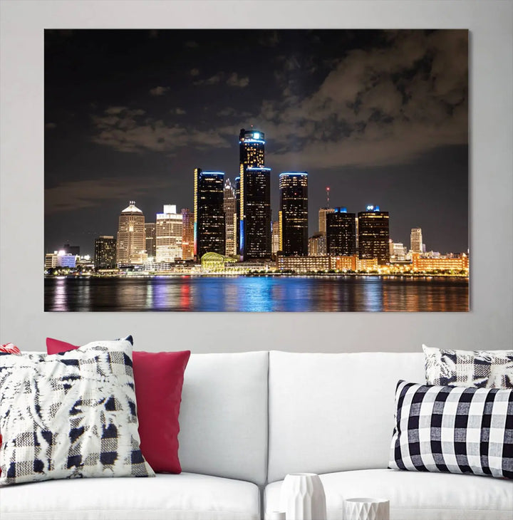 The "Detroit City Lights Night Skyline Cityscape View" wall art on museum-quality canvas is the centerpiece of this living room. This artwork includes a UV-protective coating to ensure its vibrant appearance lasts for years.