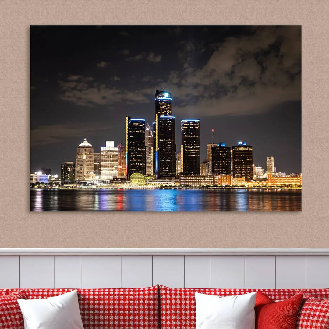 The "Detroit City Lights Night Skyline Cityscape View" wall art on museum-quality canvas is the centerpiece of this living room. This artwork includes a UV-protective coating to ensure its vibrant appearance lasts for years.