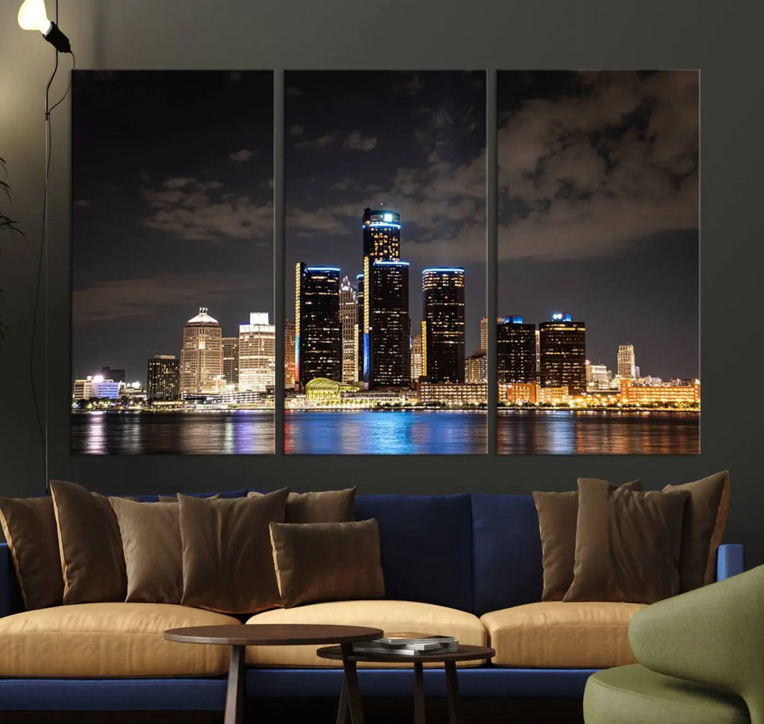 The "Detroit City Lights Night Skyline Cityscape View" wall art on museum-quality canvas is the centerpiece of this living room. This artwork includes a UV-protective coating to ensure its vibrant appearance lasts for years.