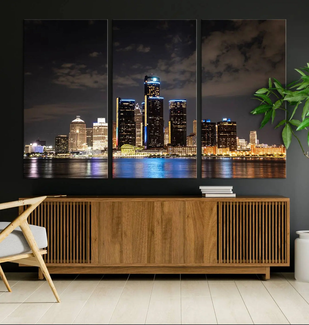 The "Detroit City Lights Night Skyline Cityscape View" wall art on museum-quality canvas is the centerpiece of this living room. This artwork includes a UV-protective coating to ensure its vibrant appearance lasts for years.