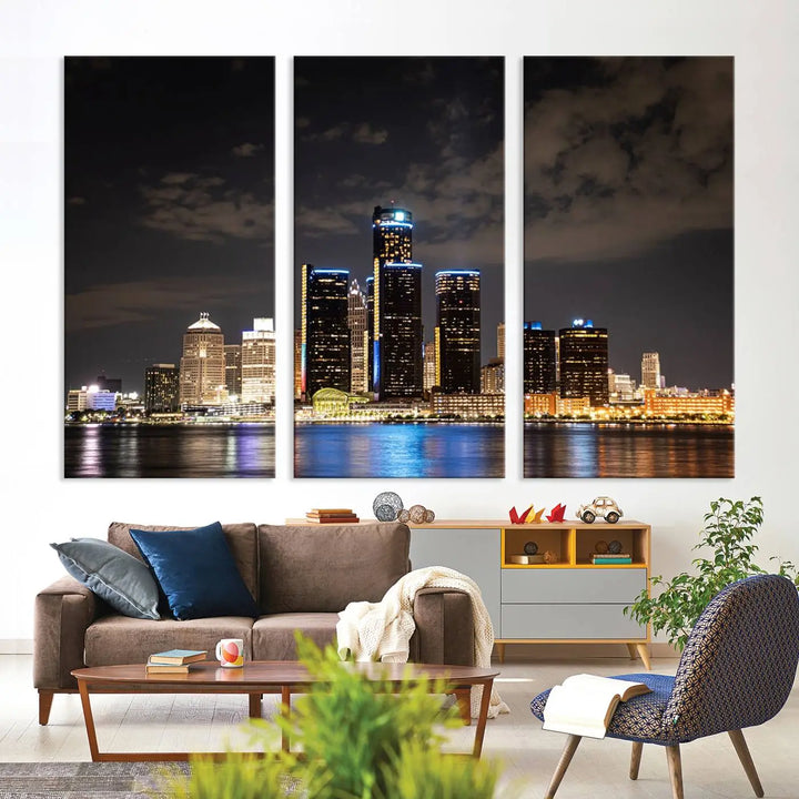 The "Detroit City Lights Night Skyline Cityscape View" wall art on museum-quality canvas is the centerpiece of this living room. This artwork includes a UV-protective coating to ensure its vibrant appearance lasts for years.