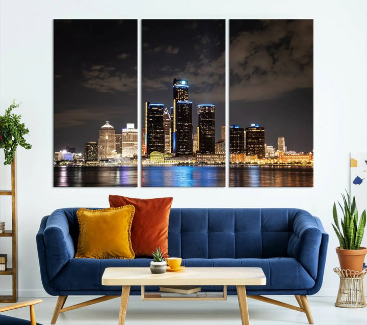 The "Detroit City Lights Night Skyline Cityscape View" wall art on museum-quality canvas is the centerpiece of this living room. This artwork includes a UV-protective coating to ensure its vibrant appearance lasts for years.