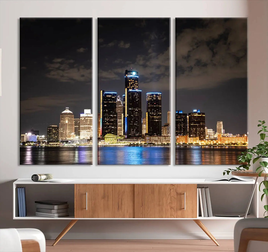 The "Detroit City Lights Night Skyline Cityscape View" wall art on museum-quality canvas is the centerpiece of this living room. This artwork includes a UV-protective coating to ensure its vibrant appearance lasts for years.