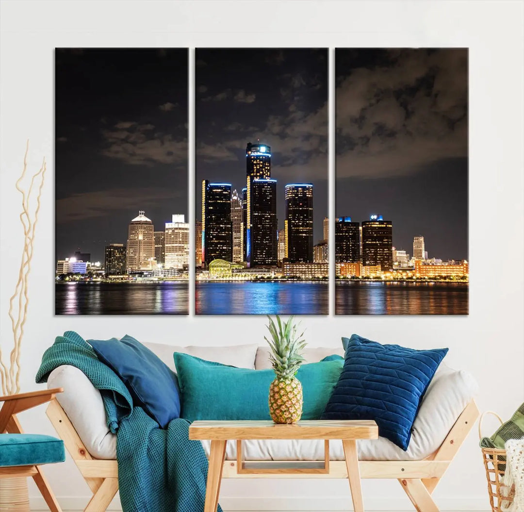 The "Detroit City Lights Night Skyline Cityscape View" wall art on museum-quality canvas is the centerpiece of this living room. This artwork includes a UV-protective coating to ensure its vibrant appearance lasts for years.