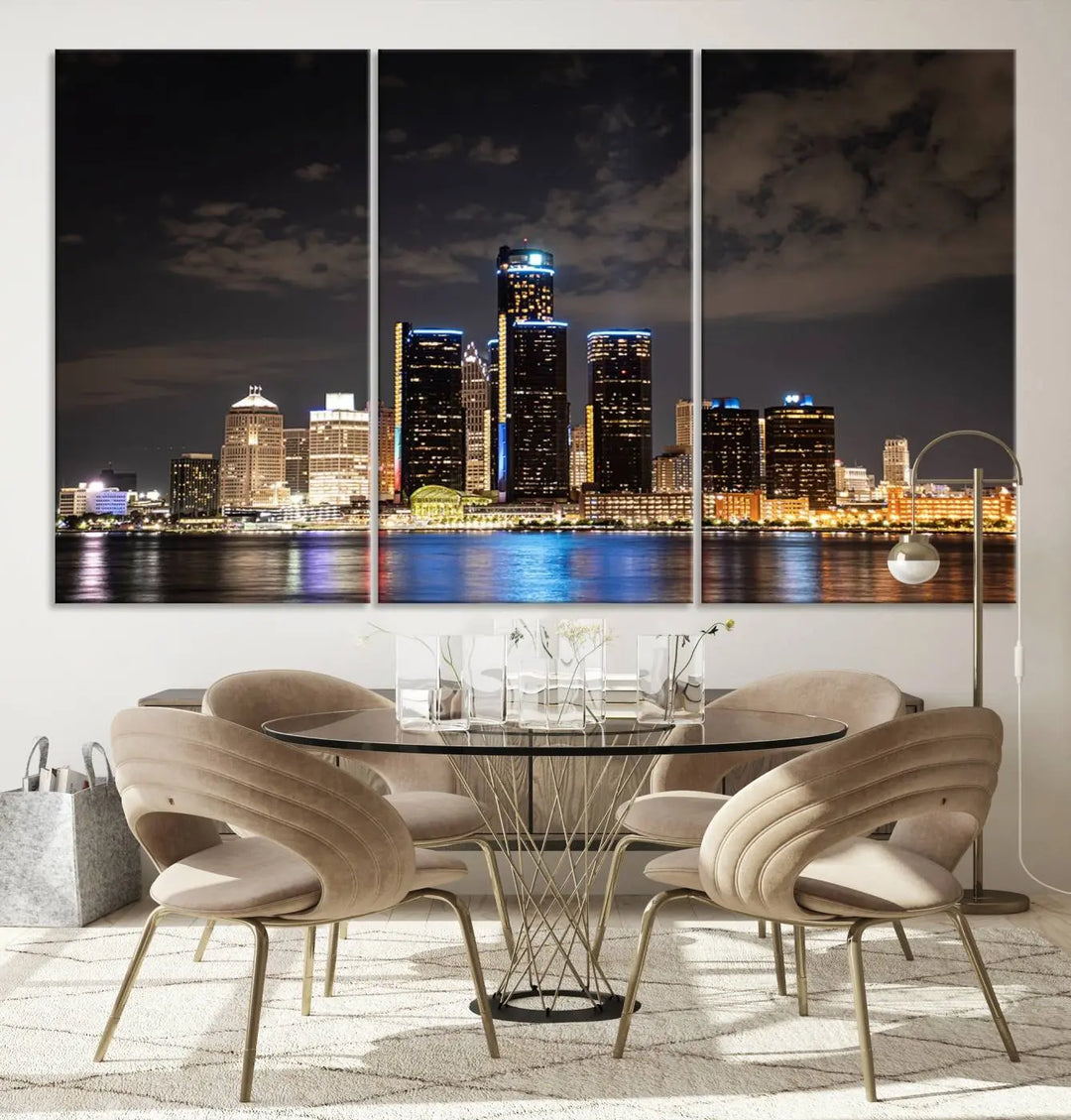 The "Detroit City Lights Night Skyline Cityscape View" wall art on museum-quality canvas is the centerpiece of this living room. This artwork includes a UV-protective coating to ensure its vibrant appearance lasts for years.