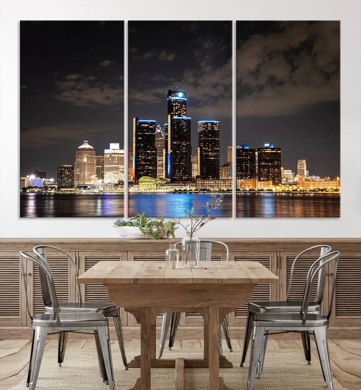 The "Detroit City Lights Night Skyline Cityscape View" wall art on museum-quality canvas is the centerpiece of this living room. This artwork includes a UV-protective coating to ensure its vibrant appearance lasts for years.