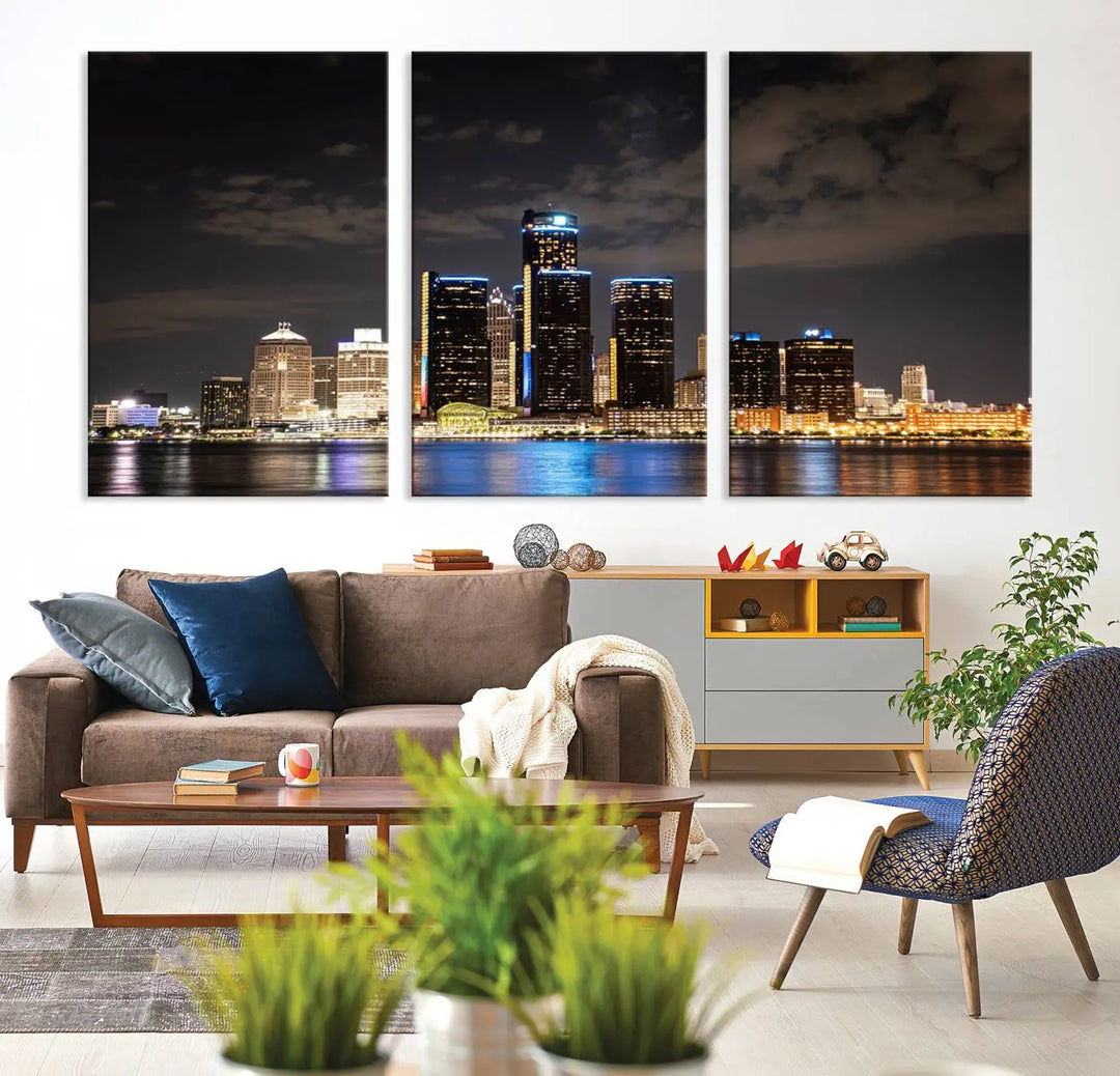 The "Detroit City Lights Night Skyline Cityscape View" wall art on museum-quality canvas is the centerpiece of this living room. This artwork includes a UV-protective coating to ensure its vibrant appearance lasts for years.