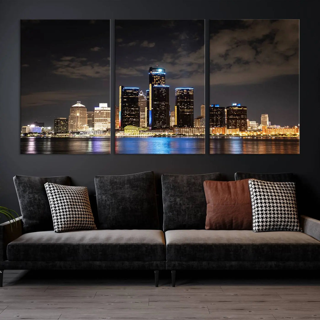 The "Detroit City Lights Night Skyline Cityscape View" wall art on museum-quality canvas is the centerpiece of this living room. This artwork includes a UV-protective coating to ensure its vibrant appearance lasts for years.