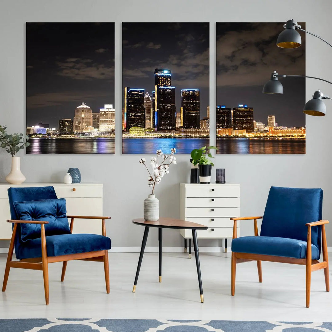 The "Detroit City Lights Night Skyline Cityscape View" wall art on museum-quality canvas is the centerpiece of this living room. This artwork includes a UV-protective coating to ensure its vibrant appearance lasts for years.