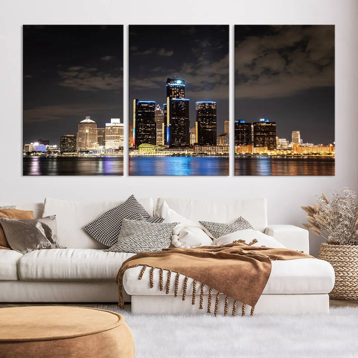 The "Detroit City Lights Night Skyline Cityscape View" wall art on museum-quality canvas is the centerpiece of this living room. This artwork includes a UV-protective coating to ensure its vibrant appearance lasts for years.