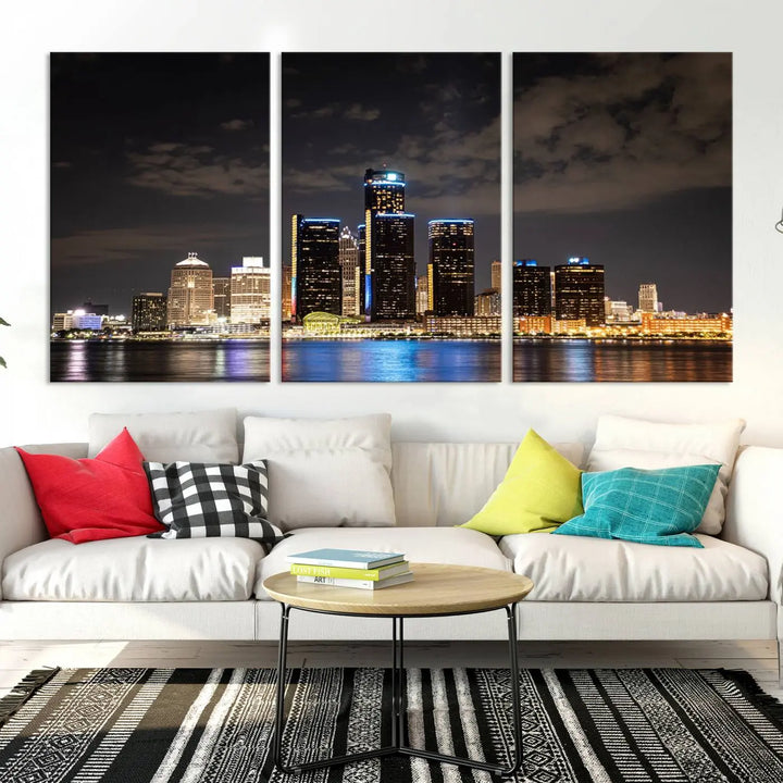 The "Detroit City Lights Night Skyline Cityscape View" wall art on museum-quality canvas is the centerpiece of this living room. This artwork includes a UV-protective coating to ensure its vibrant appearance lasts for years.