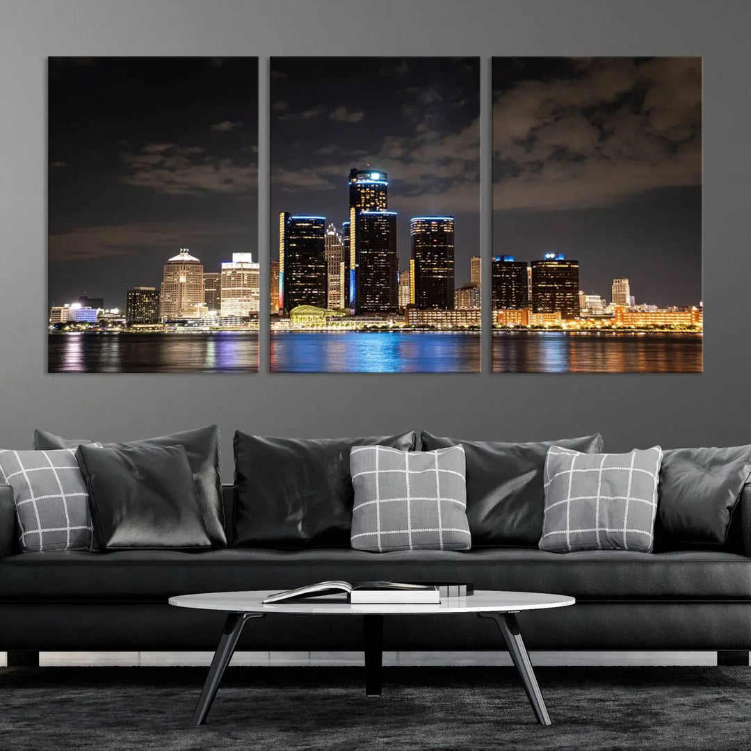 The "Detroit City Lights Night Skyline Cityscape View" wall art on museum-quality canvas is the centerpiece of this living room. This artwork includes a UV-protective coating to ensure its vibrant appearance lasts for years.