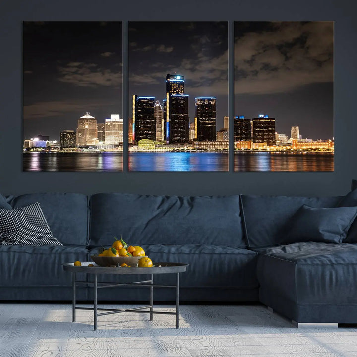 The "Detroit City Lights Night Skyline Cityscape View" wall art on museum-quality canvas is the centerpiece of this living room. This artwork includes a UV-protective coating to ensure its vibrant appearance lasts for years.