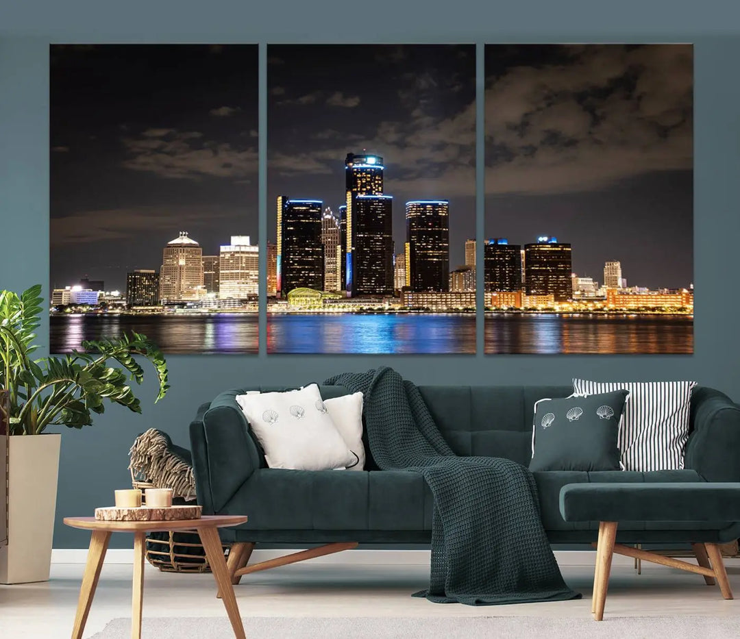 The "Detroit City Lights Night Skyline Cityscape View" wall art on museum-quality canvas is the centerpiece of this living room. This artwork includes a UV-protective coating to ensure its vibrant appearance lasts for years.