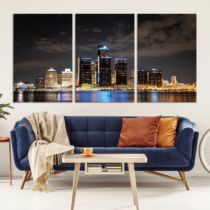 The "Detroit City Lights Night Skyline Cityscape View" wall art on museum-quality canvas is the centerpiece of this living room. This artwork includes a UV-protective coating to ensure its vibrant appearance lasts for years.