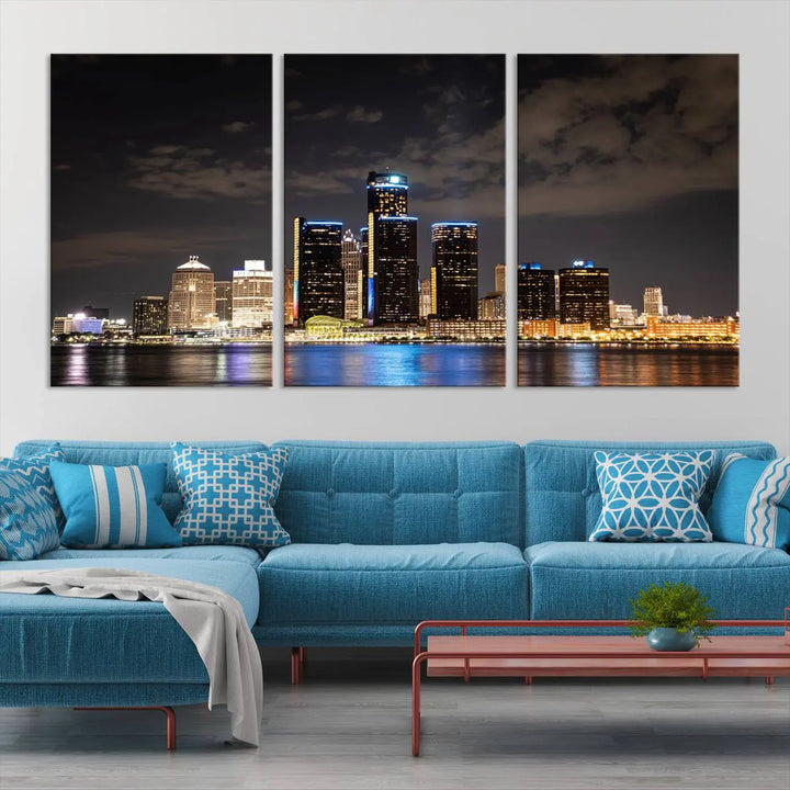 The "Detroit City Lights Night Skyline Cityscape View" wall art on museum-quality canvas is the centerpiece of this living room. This artwork includes a UV-protective coating to ensure its vibrant appearance lasts for years.