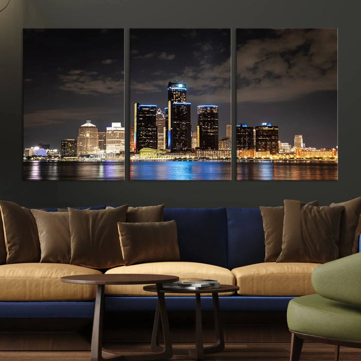 The "Detroit City Lights Night Skyline Cityscape View" wall art on museum-quality canvas is the centerpiece of this living room. This artwork includes a UV-protective coating to ensure its vibrant appearance lasts for years.