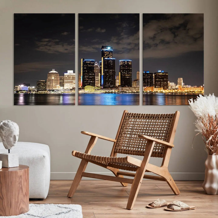 The "Detroit City Lights Night Skyline Cityscape View" wall art on museum-quality canvas is the centerpiece of this living room. This artwork includes a UV-protective coating to ensure its vibrant appearance lasts for years.