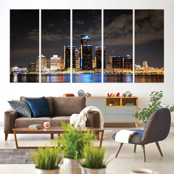 The "Detroit City Lights Night Skyline Cityscape View" wall art on museum-quality canvas is the centerpiece of this living room. This artwork includes a UV-protective coating to ensure its vibrant appearance lasts for years.